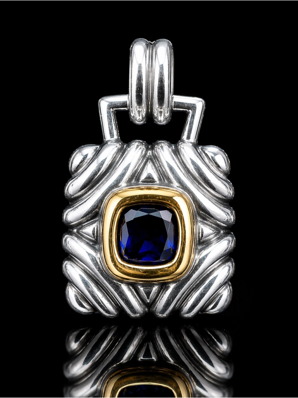 Sterling Silver 925 & 14K Gold Accent Pendant Deep Blue Stone Textured Look